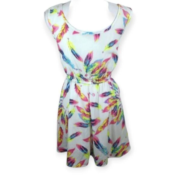 COOL FASHION MULTICOLOR FEATHER PRINT DRESS SZ.M EUC. - Picture 6 of 9